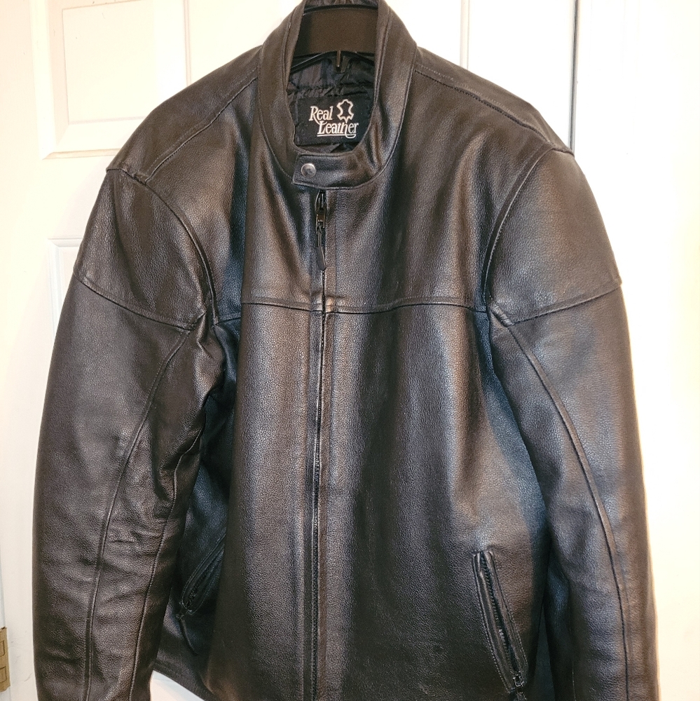 Leather armored insulated motorcycle jacket black mens 50